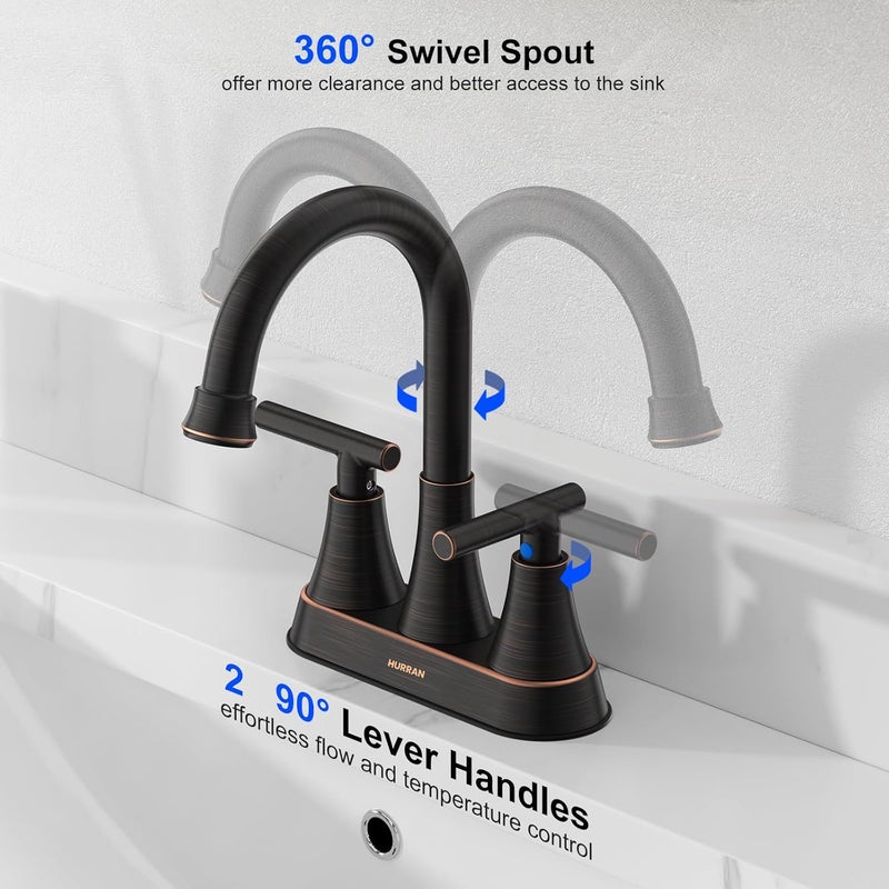 Hurran Bathroom Faucets for Sink 3 Hole, 4 inch Oil Rubbed Bronze Bathroom Sink Faucet with Pop-up Drain and Supply Hoses, Stainless Steel Lead-Free Centerset Faucets for Vanity RV, 2 Pack - Image 3